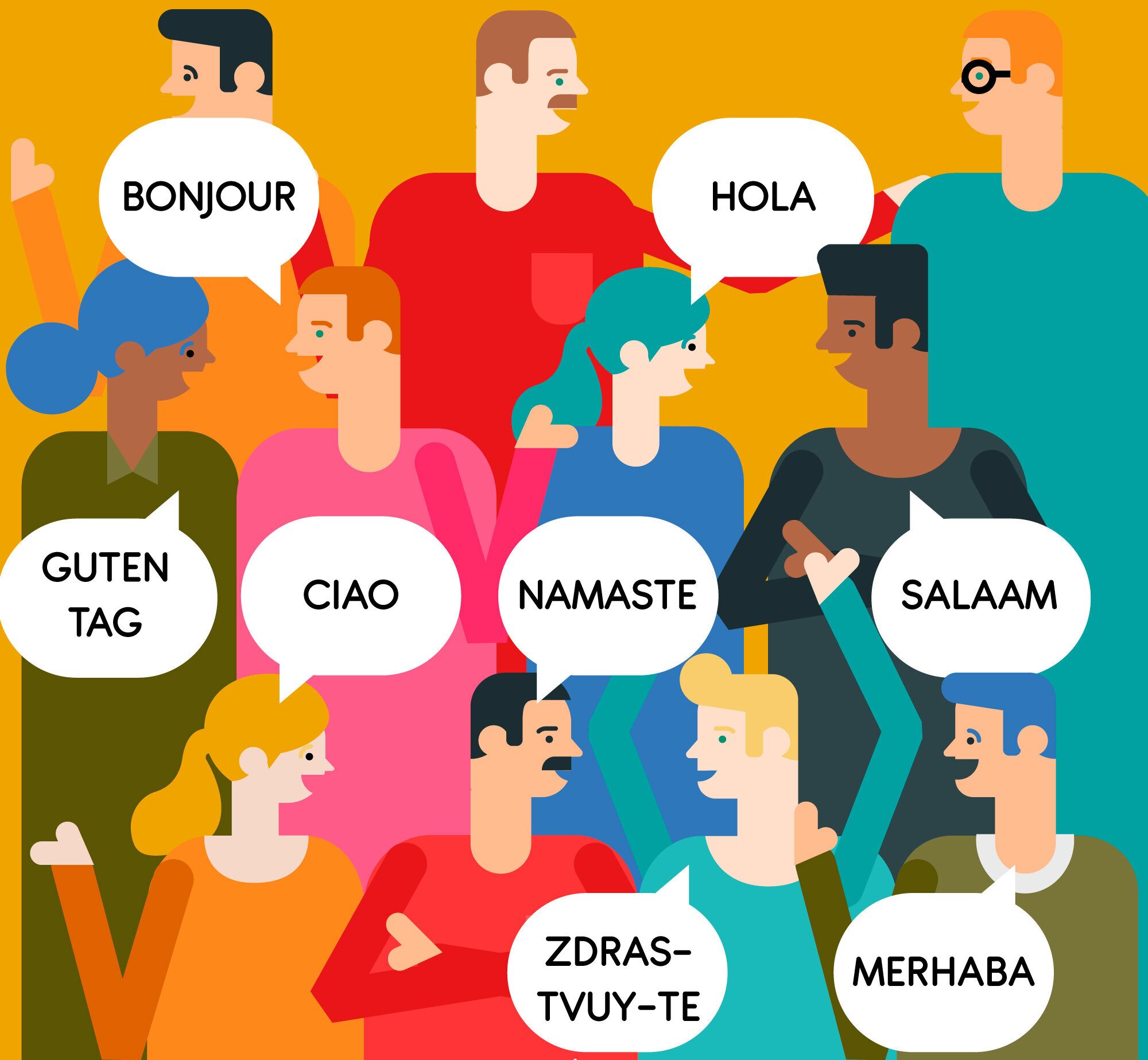Diverse group of people greeting each other in different languages